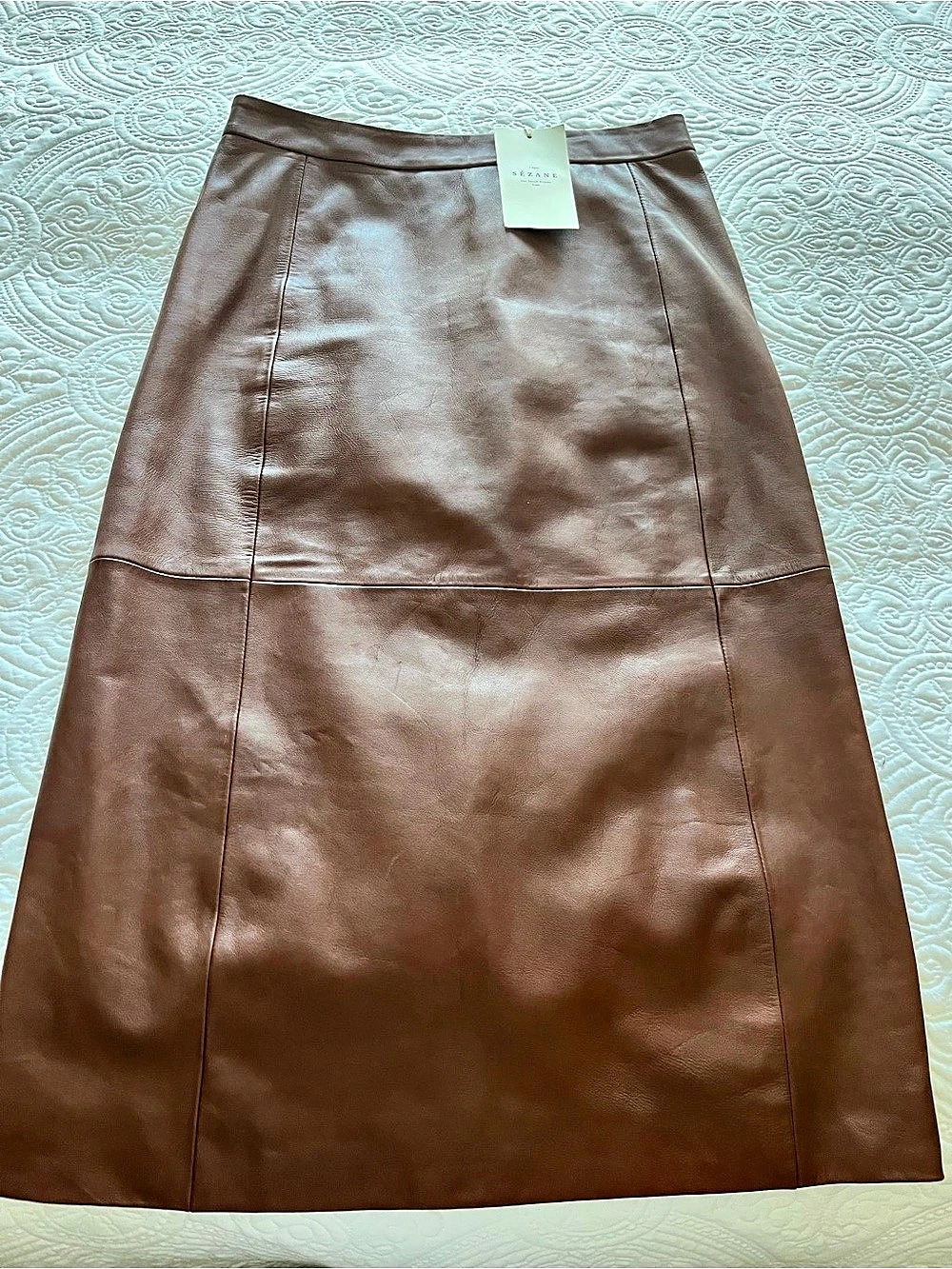 Sézane Magalia Skirt Chestnut Brown Leather Midi Skirt Size 8 NWT